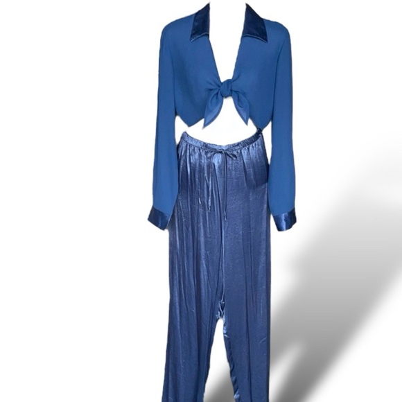 Vintage Judy Knapp Slate Blue Satin Pants Set Sheer Self Tie Halter Top Rayon LG - Picture 1 of 14